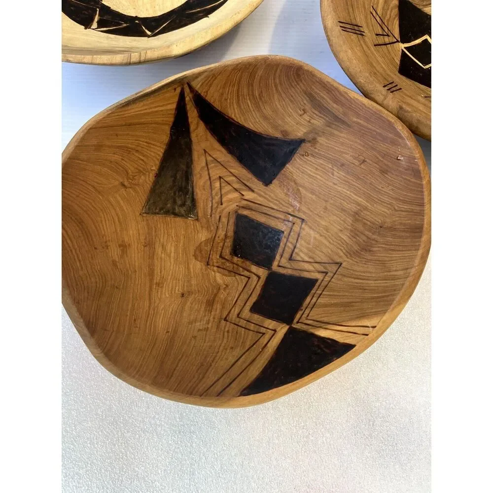 Wood Bowls Hand Carved/Painted/Incised 3 Bowls Each Different Rustic Boho